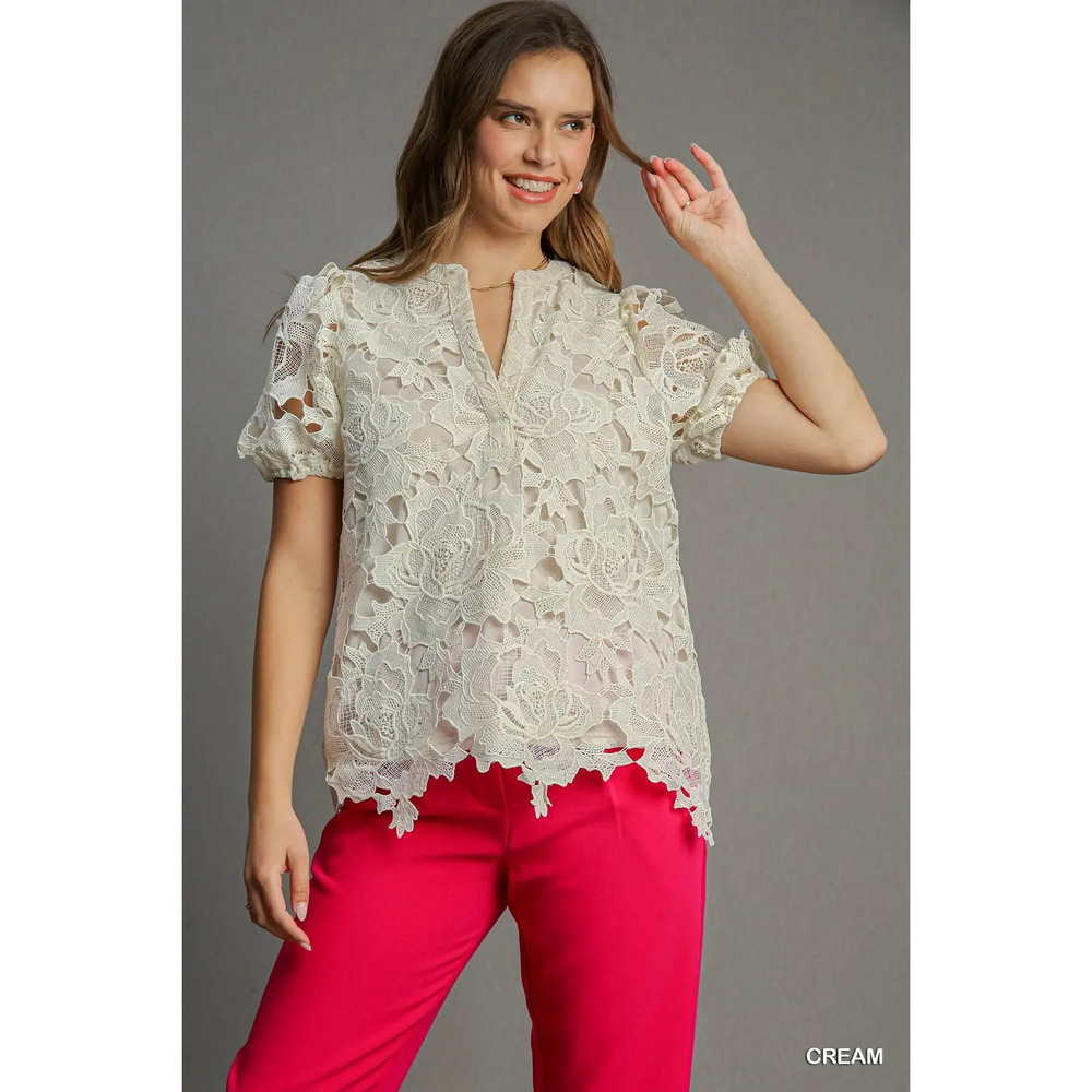 K8717 C Umgee Floral Lace Split Neck Short Sleeve Top - Cream Various Sizes